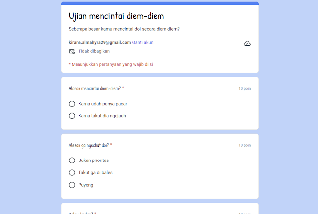 Link Tes Ujian Mencintai Diam-Diam Terbaru, Pakai Format Google Form