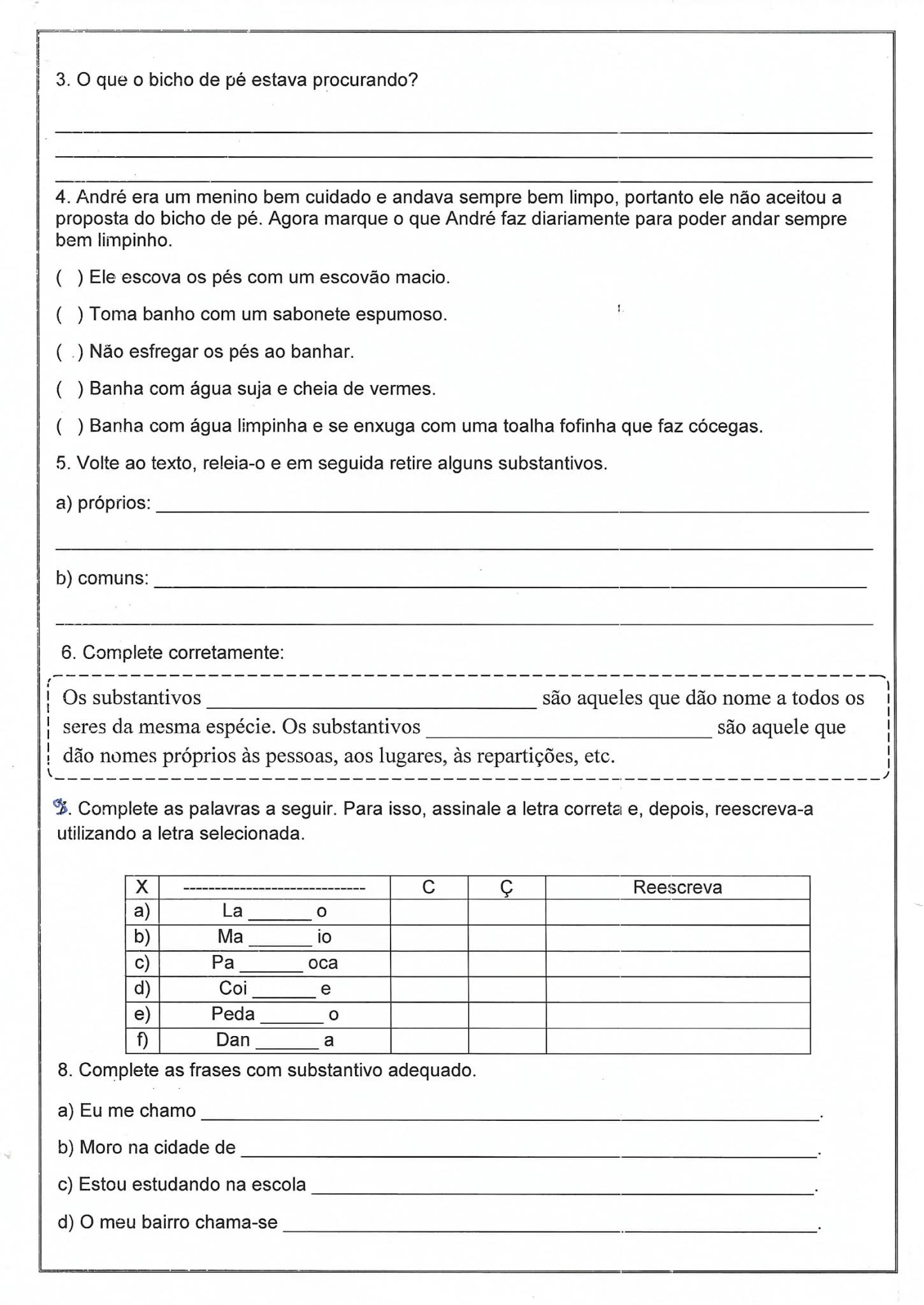 Atividade Substantivo próprio e comum, ortografia c - ç, g - j (2º ano) - Ensino Fundamental