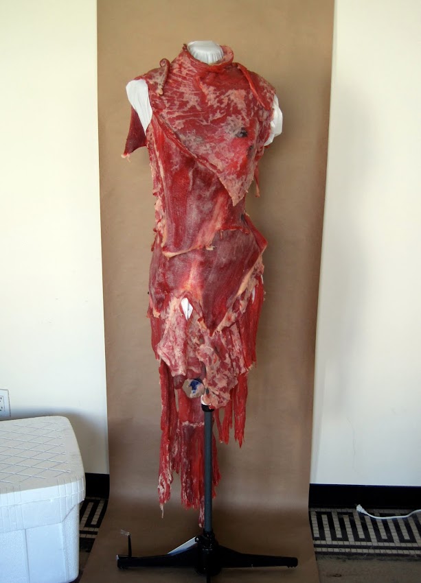 is lady gaga meat dress real. The dress is indeed real meat