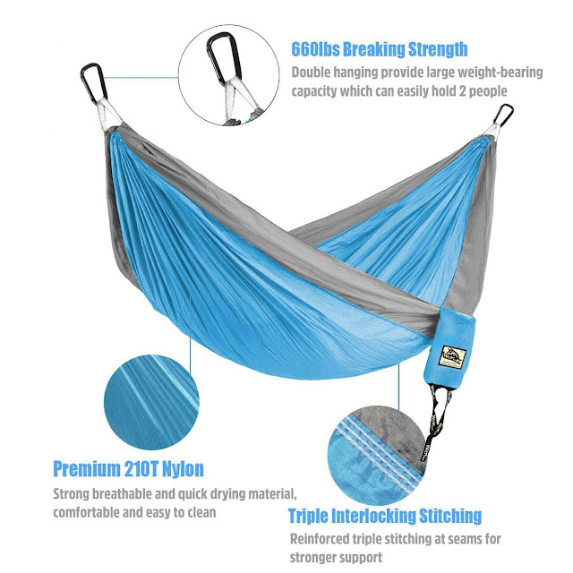 Double Camping Hammock - Wolfyok Lightweight Portable Nylon Hammock with Parachute Nylon Ropes and Solid Carabiners for Backpacking, Camping, Travel, Beach, Yard, 126"(L) x 78"(W) Support Up to 660lbs