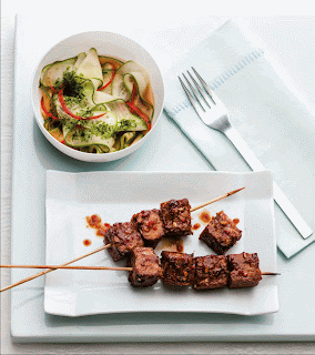 Hoisin tempeh skewers with pickled cucumber salad