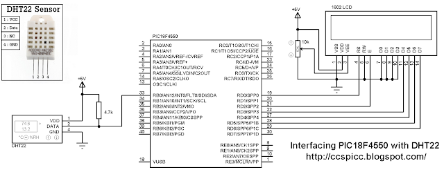 Interfacing PIC18F4550 with DHT22(AM2302-RHT03) digital humidity and temperature sensor hardware circuit CCS PIC C code