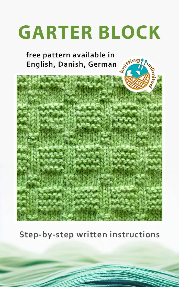 Garter Block Free pattern available in English, Danish, and German