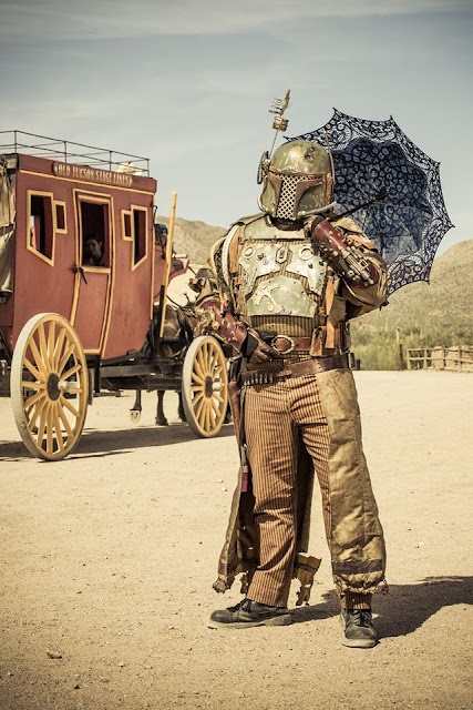 Cosplayer dressed as old western steampunk boba fett (star wars cosplay) steampunk costumes and cosplay