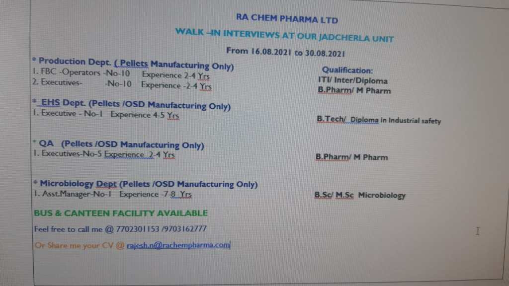 Job Availables, Ra Chem Pharma Ltd Walk-In Interviews for Bsc/ Msc/ B.Pharm/ M.Pharm/ B.Tech/ Diploma/ ITI - Production / EHS / QA / Microbiology