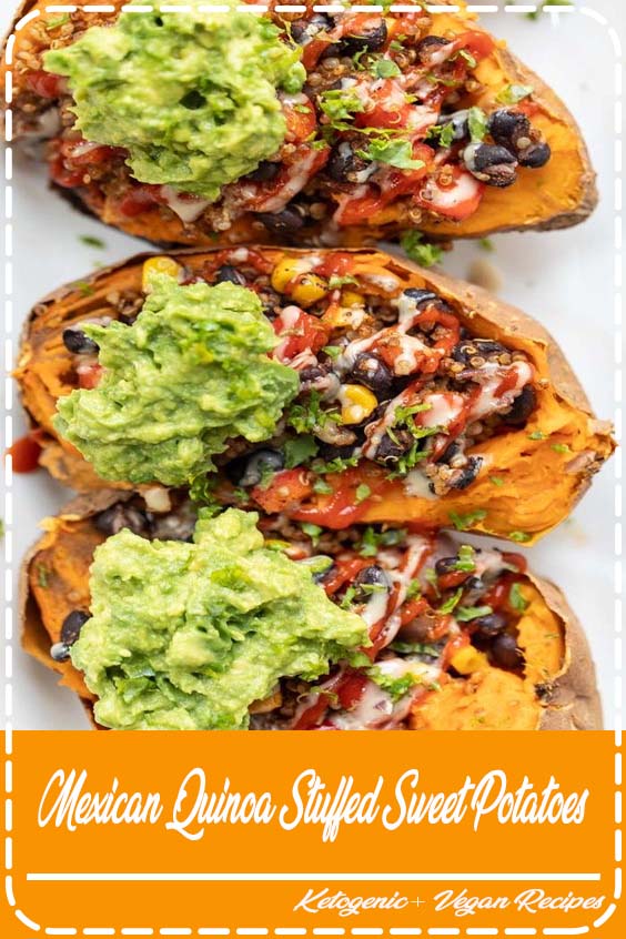 These Mexican Quinoa STUFFED Sweet Potatoes are the ultimate plant-based meal! Packed with fiber and protein, they're filling, tasty and easy to make! #stuffedsweetpotatoes #mexicanquinoa #quinoa #quinoarecipe #vegandinner #simplyquinoa