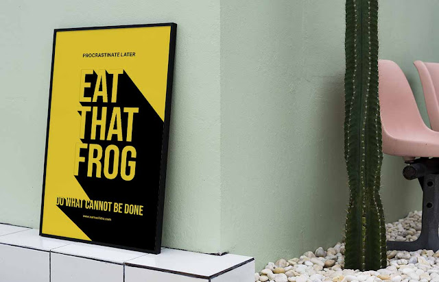 Yellow and Black poster about procrastination.  Eat that frog poster by Biju Varnachitra