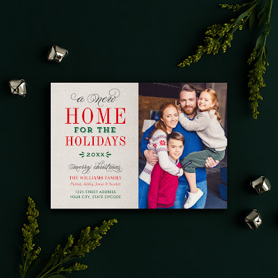 New Home for the Holidays Rustic Linen Photo Holiday Card