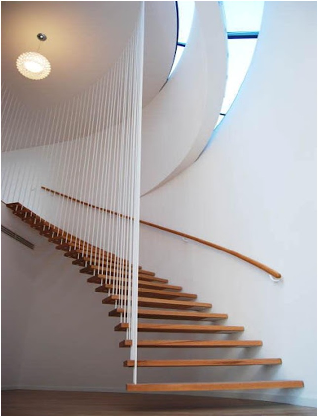 Minimalist wooden stair. Floating ladder