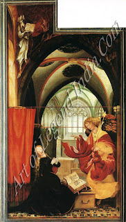 As is common in scenes of the Annunciation, the Virgin's book is open at the passage from the Book of Isaiah in the Old Testament foretelling her divine favour Ecce virgo concipiet et pariet filium (Behold a virgin shall conceive and bear a son). Isaiah himself is represented at top left with his book of prophecies. There is a similarity in the poses of the Virgin and the angel here and the Virgin and St John in the Crucifixion, even though the mood is quite different.
