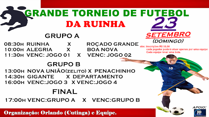 REGIÃO: Grande Torneio de Futebol da Ruinha acontece no próximo domingo (23) de Setembro.