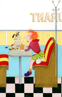 Illustration of a girl and a dog sipping soda at a diner by Robert Wagt