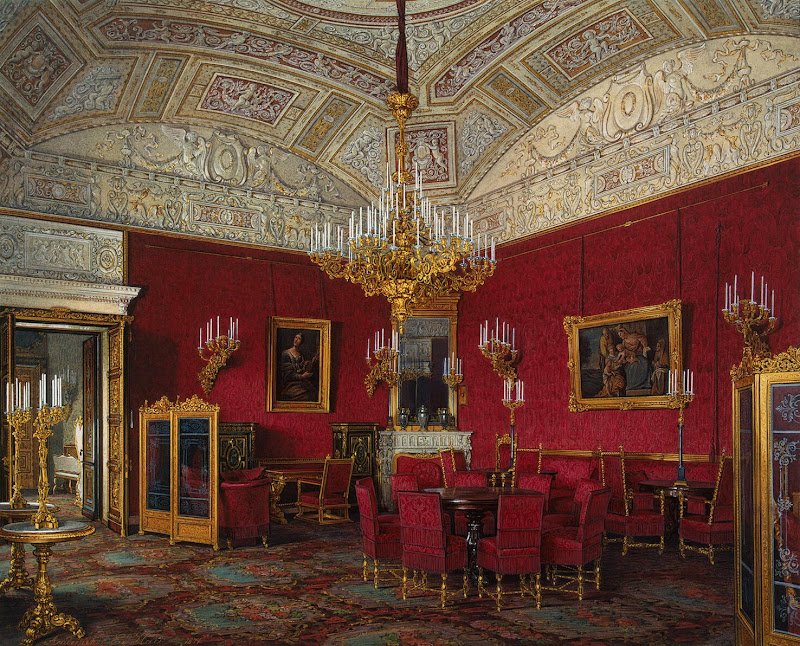 Interiors of the Winter Palace. The Large Drawing Room of Empress Alexandra Fyodorovna by Edward Petrovich Hau - Interiors, Architecture Drawings from Hermitage Museum