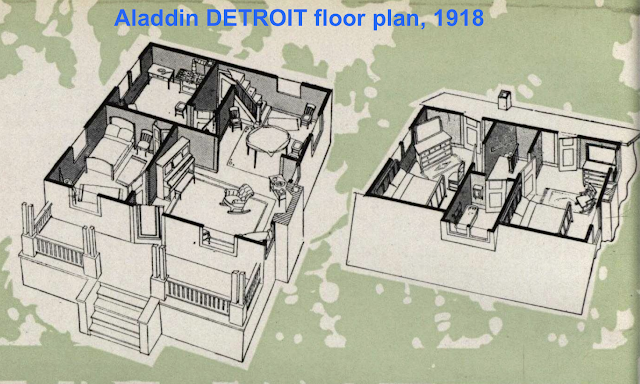 black and white 3-D drawing of floor plan, with green highlights, Aladdin Detroit model, 1918 Aladdin Homes catalog