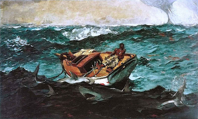 a Winslow Homer painting of a man on a disabled boat in bad weather with sharks