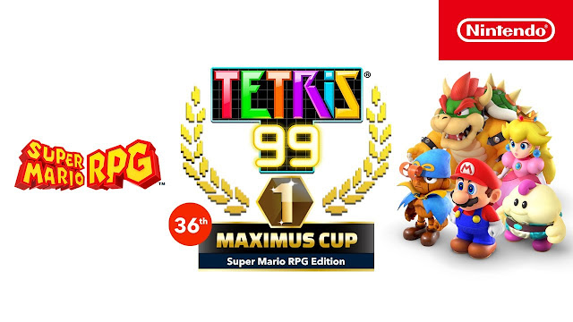 Arte de Tetris 99 com personagens de Super Mario RPG para anunciar o novo evento in-game