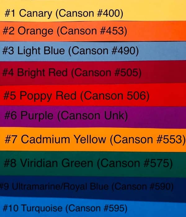 color chart of brightly colored Canson quilling strips