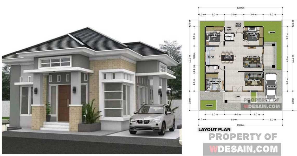  Denah  Rumah  Ukuran  9x10 Meter Teras Depan dan  Samping 