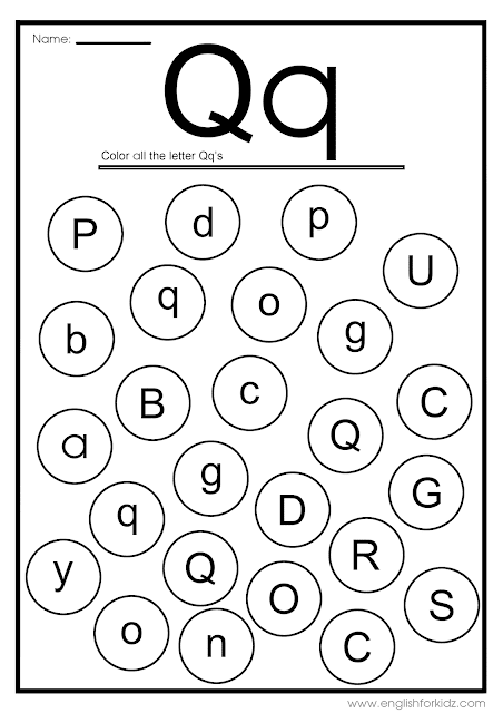 Find letter Q worksheet -- printable ESL materials to teach English alphabet