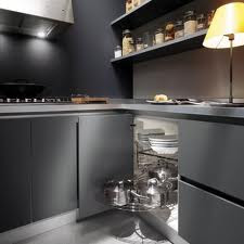 Elegant  Kitchan In Dark Gray Color  Furniture And Soft Lighting