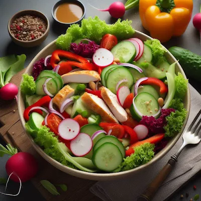 Auf dem Bild ist eine Schale mit buntem Sommersalat und Hähnchenfleisch in mundgerechte Stücke geschnitten, zu sehen. Der Sommersalat besteht aus gewürfelten, gekochten Eiern, Hähnchenfleisch, rote und grüne Eichblattsalate, Gurke, Paprikaschoten gelb und grün, Tomatenscheiben und rote Zwiebelringe. Der Salat sieht lecker und appetitlich aus.