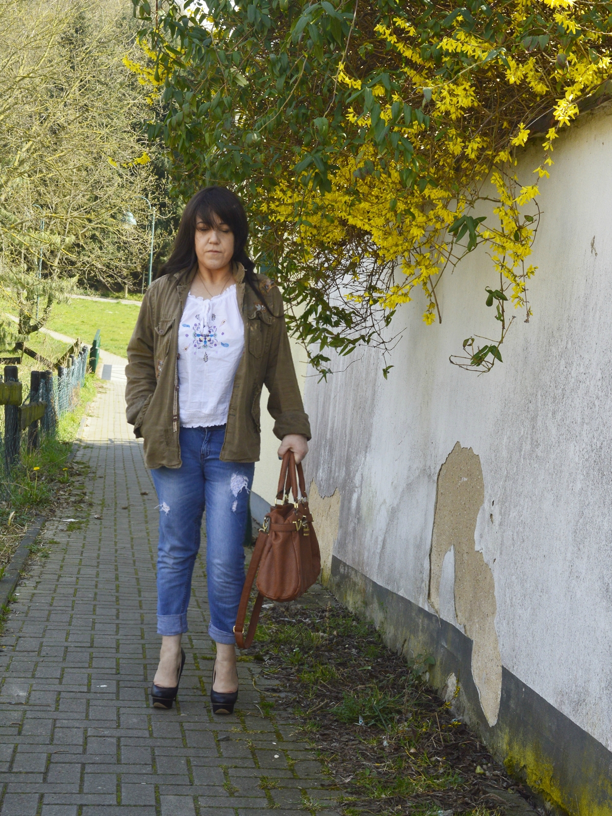 Boyfriend Jeans and Off-Shoulder Top with Military Jacket