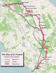 Map of the hilking trail Camino di Francesco from Florence Tuscany to Rome via Assisi, Umbria Italy