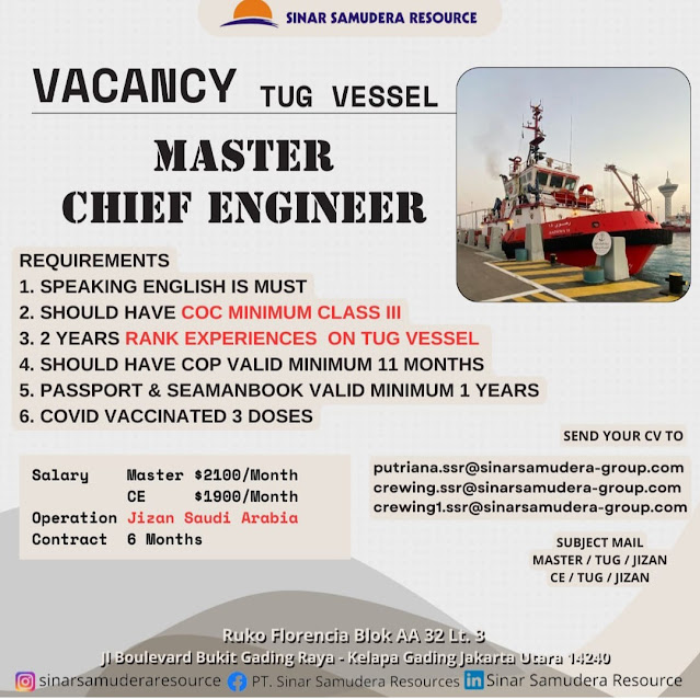 Job Vacancy Nakhoda, KKM Kapal Tugboat Saudi Terbaru 2024