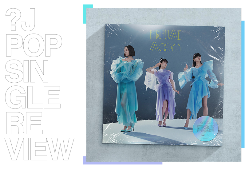 The post header image, featuring the text ‘?J Pop Single Review’, and an image of a vinyl of Perfume’s “Moon”.  The cover art for “Moon” features Perfume [From Left to Right: Nocchi, a-chan, Kashiyuka] stood on a large circular platform, wearing pastel coloured pleated tulle dresses.