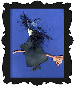 a clip art of a paper piecing witch flying on a broom for Halloween wearing a witches pointed hat