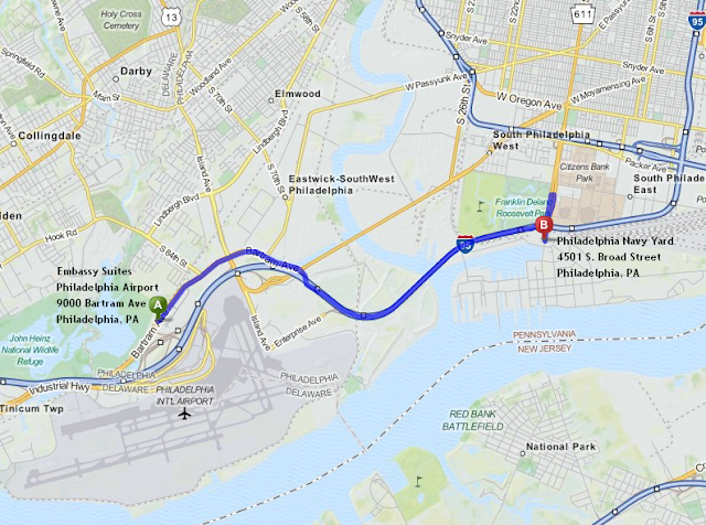 Embassy Suites Philadelphia Airport is 10 minutes/5.6 miles from the Philadelphia Navy Yard