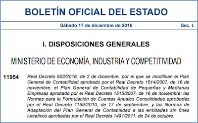 Real Decreto 602/2016, de 2 de diciembre, por el que se modifican el Plan General de Contabilidad