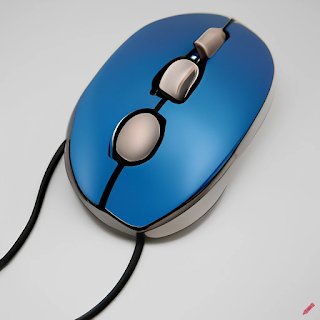 Blue mouse with long cable around it like circle and also three buttons on the mouse plus grey background