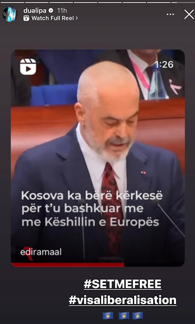 Dua Lipa sostiene il discorso di Rama e chiede la liberalizzazione dei visti per il Kosovo