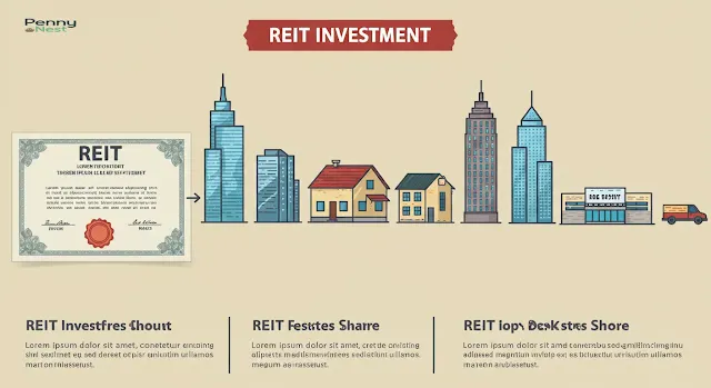 A graphic showing a REIT stock certificate transforming into a portfolio of diverse real estate properties, illustrating how to invest in real estate without buying property via REITs.