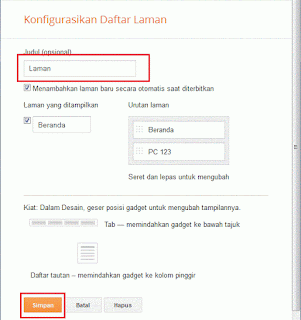 Hapus isian 'Laman' pada kotak 'Judul (opsional)'. Terakhir, klik 'Simpan' untuk menyimpan perubahan. - Cara Mudah Membuat Menu Bar di Blogger Hapus isian 'Laman' pada kotak 'Judul (opsional)'. Terakhir, klik 'Simpan' untuk menyimpan perubahan. (Gambar tidak terlihat? Klik kanan tulisan ini, lalu pilih 'Reload Image')