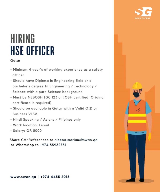 URGENTLY REQUIRED FOR QATAR     HSE OFFICER SALARY QA 5000