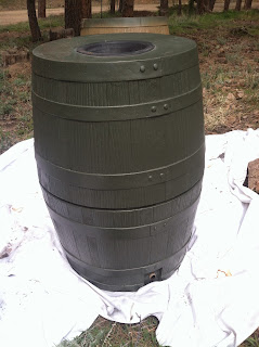 Stage one of the project - plastic, unpainted rain barrels