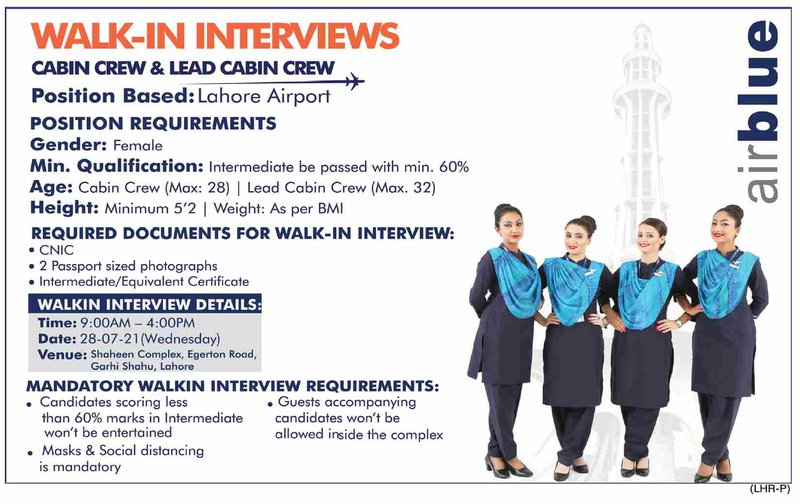 Air Blue Jobs For Cabin Crew & Lead Cabin Crew In Lahore