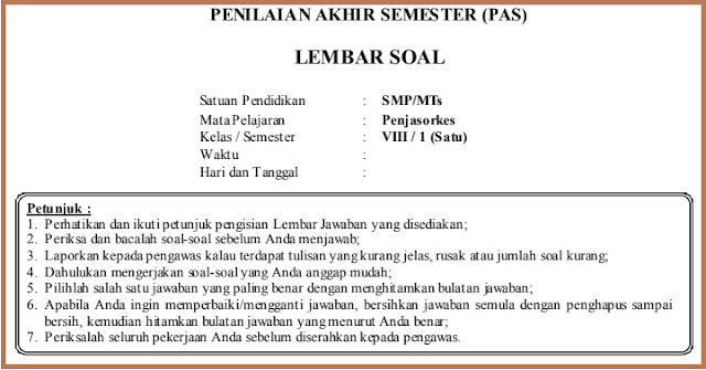  Soal UAS PJOK KTSP Kelas 8 Semester 1 Dan Kunci Jawaban 