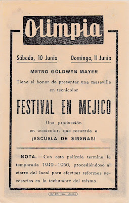 FESTIVAL EN MÉJICO. Dorso de programa de mano: 8,5 x 13,5 cms. España. FESTIVAL EN MÉJICO. Holiday in Mexico. 1946. Estados Unidos. Dirección: George Sidney. Reparto: Walter Pidgeon, José Iturbi, Roddy McDowall, Ilona Massey, Xavier Cugat, Jane Powell, Hugo Haas, Mikhail Rasumny, Helene Stanley, William 'Bill' Phillips, Amparo Iturbi, Tonia Hero, Teresa Hero.