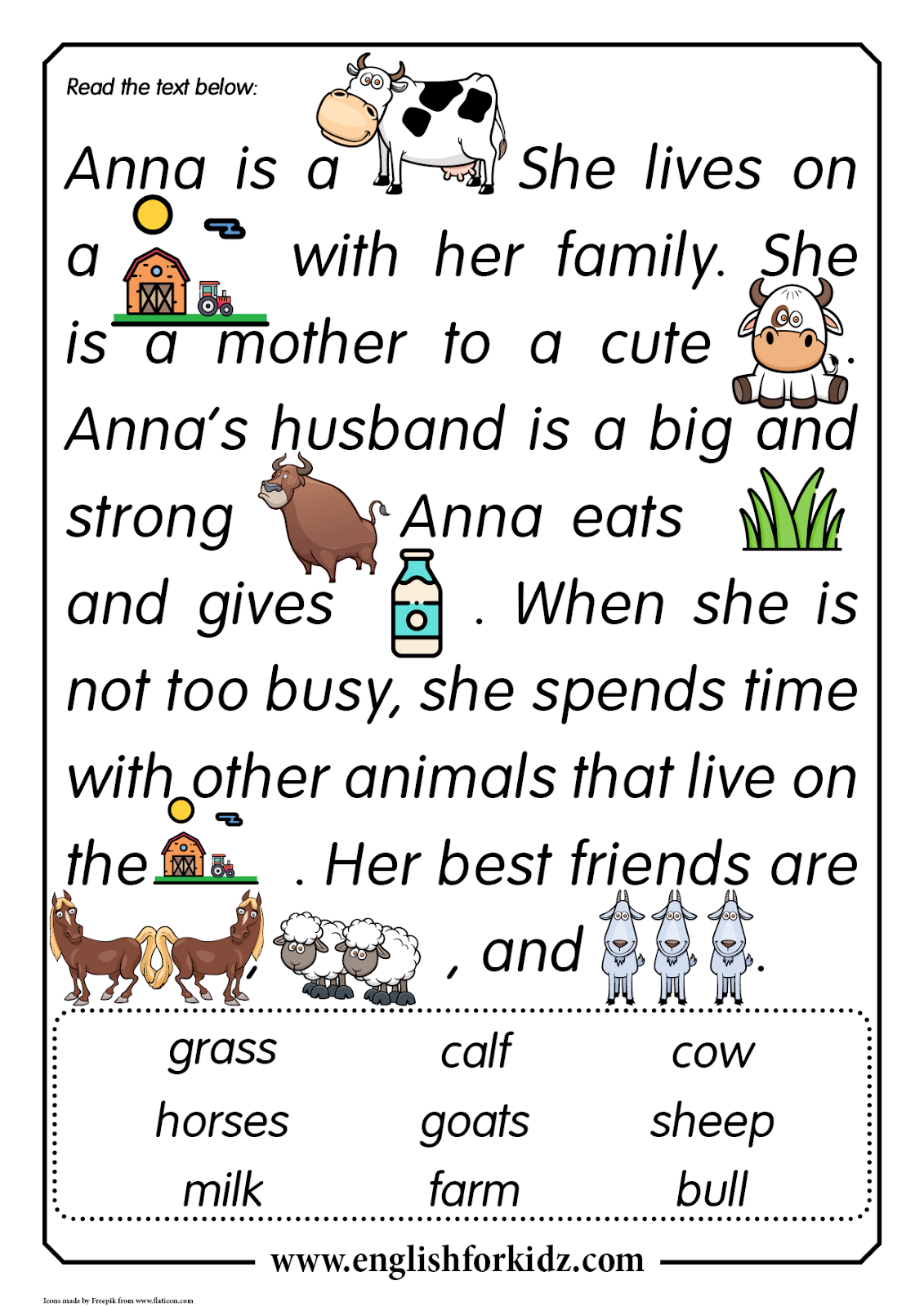 Reading Comprehension Worksheets: Anna the Cow Reading Comprehension Worksheets: Anna the Cow