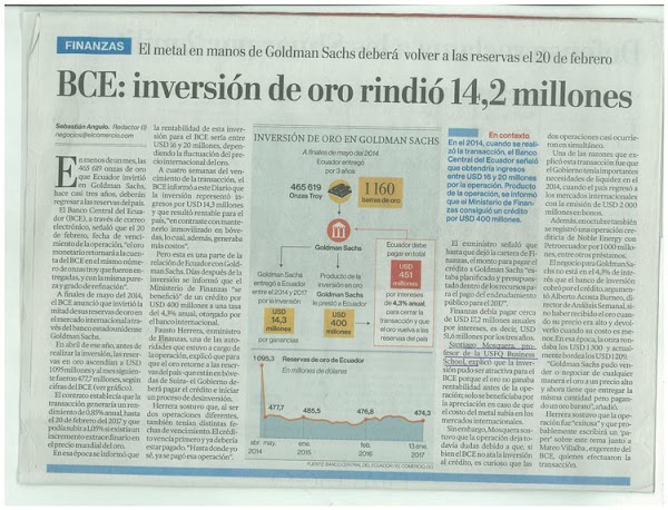 BCE: inversión de oro rindió 14,2 millones