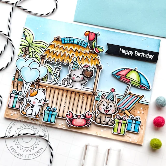 Sunny Studio Stamps: Party Pets Summer Themed Birthday Card by Amanda Fitterer (featuring Ocean View, Tiki Time)