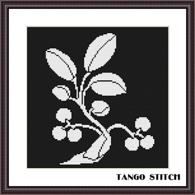 Black and white cherry cute easy cross stitch hand embroidery pattern - Tango Stitch