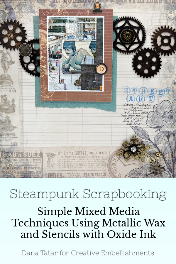 Detroit Street Art Scrapbook Layout with Chipboard Gears and Stenciled Title