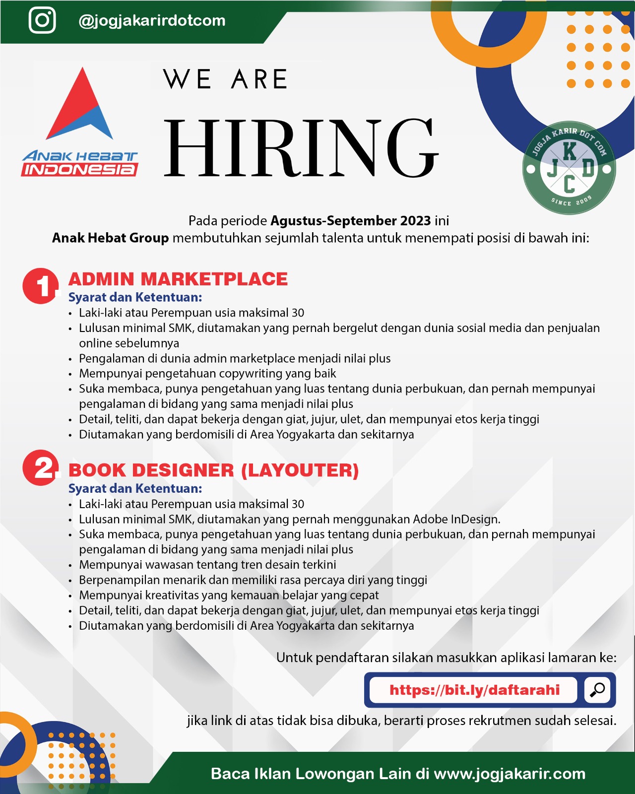 Loker Admin Marketplace, Layouter Jogja di Penerbit Anak Hebat