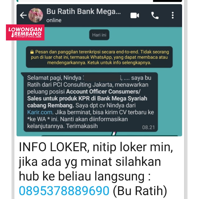 Lowongan Kerja Account Officer Consumers/Sales KPR Bank Mega Syariah Rembang