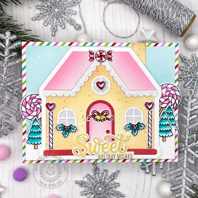 Sunny Studio Stamps: Gingerbread House Dies Holiday Express Candy Shoppe Christmas House Shaped Card by Julia Englich