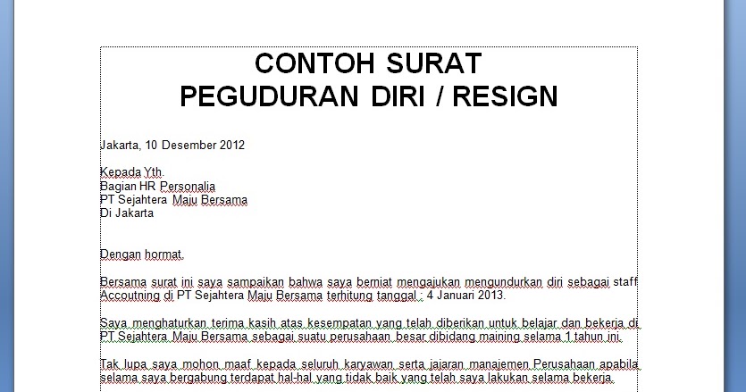 CONTOH SURAT PENGUNDURAN DIRI / RESIGN TERBAIK